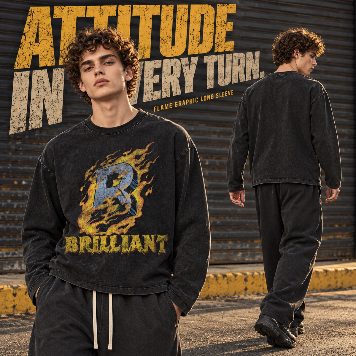A7468 Snow Wash Black flame letter washed cotton long sleeve t-shirt, rear or three-quarter styling view