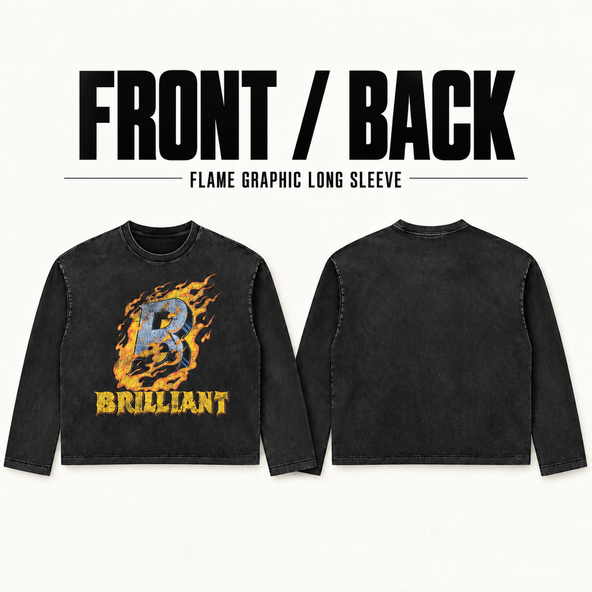 A7468 flame letter washed cotton long sleeve t-shirt, front and back garment construction