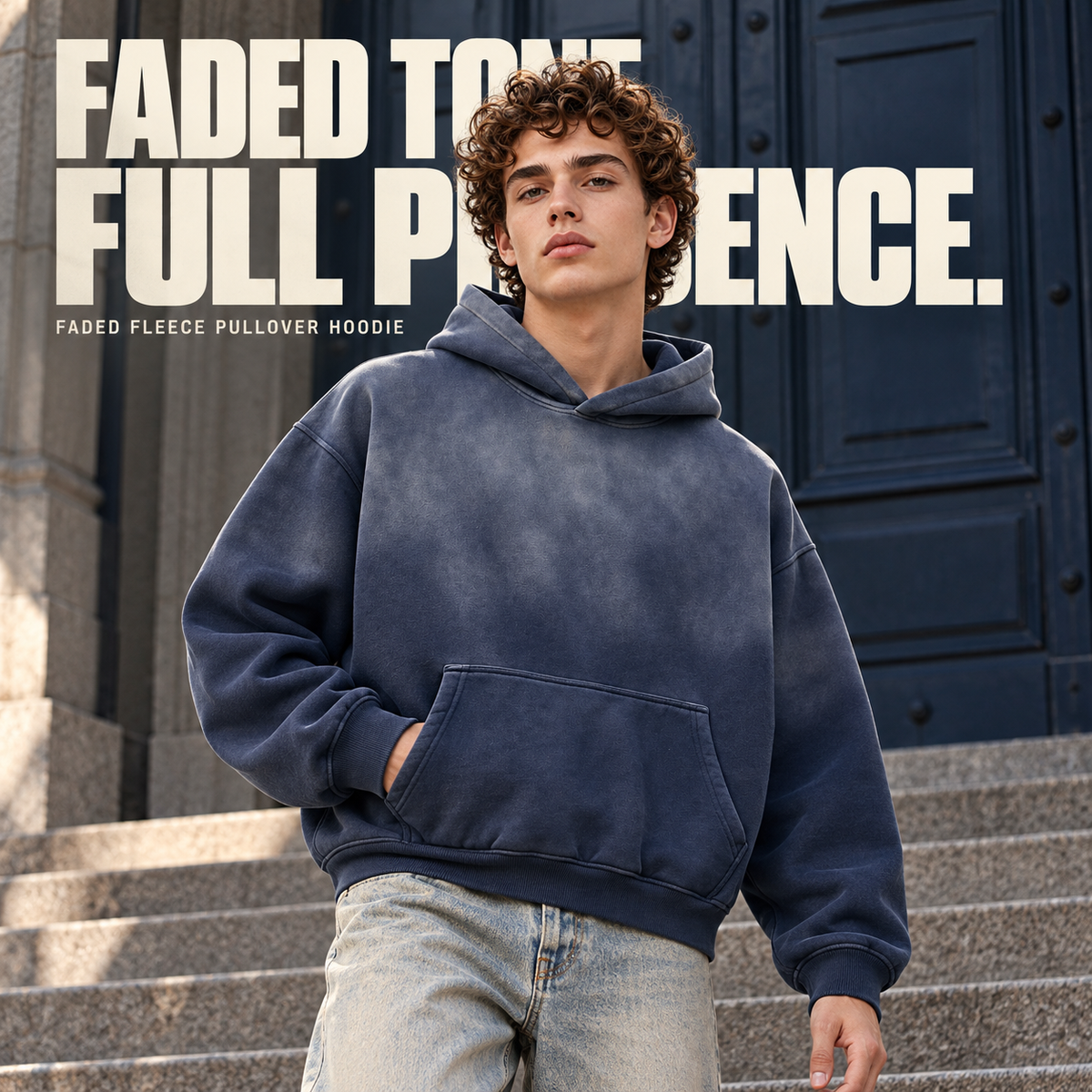 A75362 Royal Blue spray-faded fleece pullover hoodie, front styling view