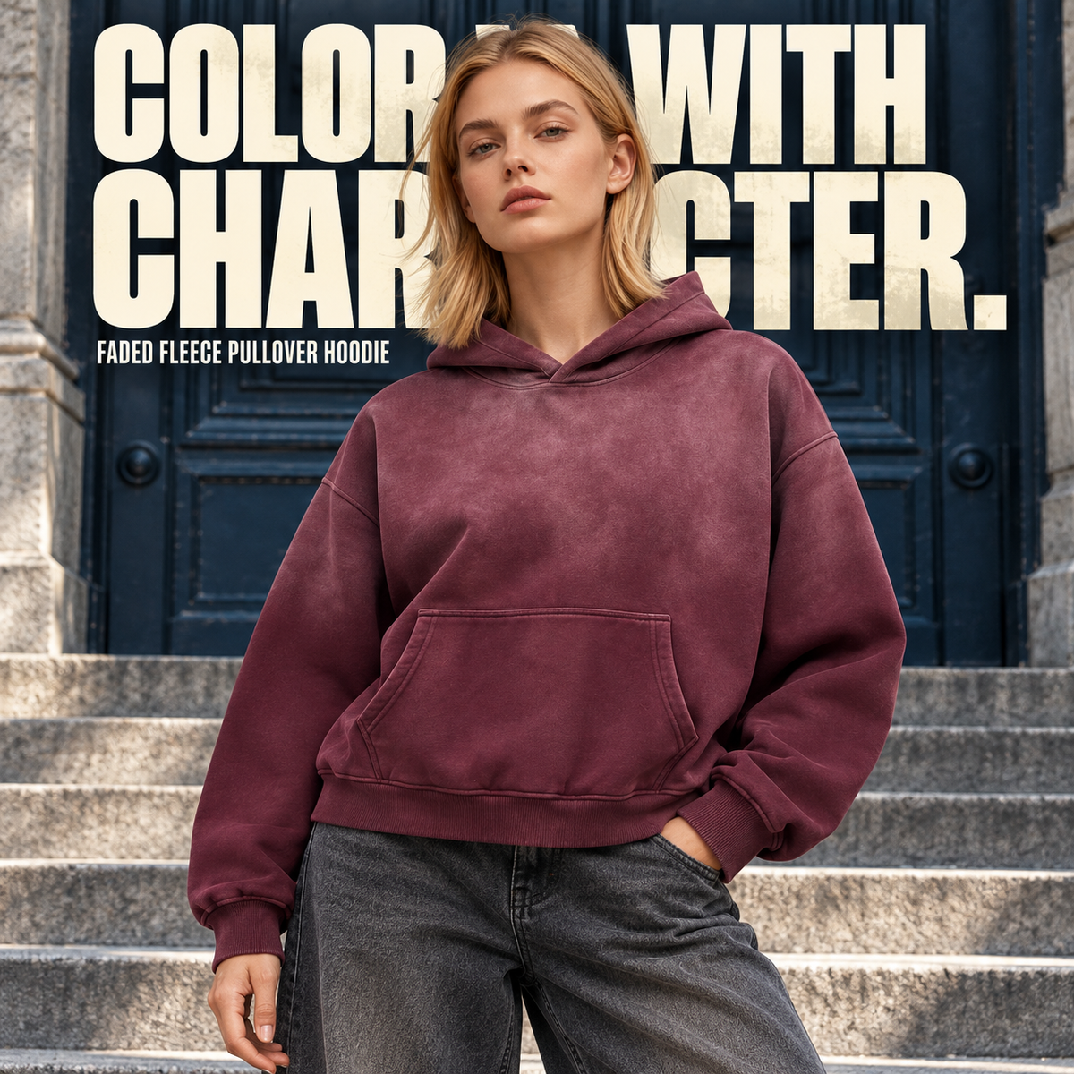 A75362 Dark Red spray-faded fleece pullover hoodie, alternate styling view