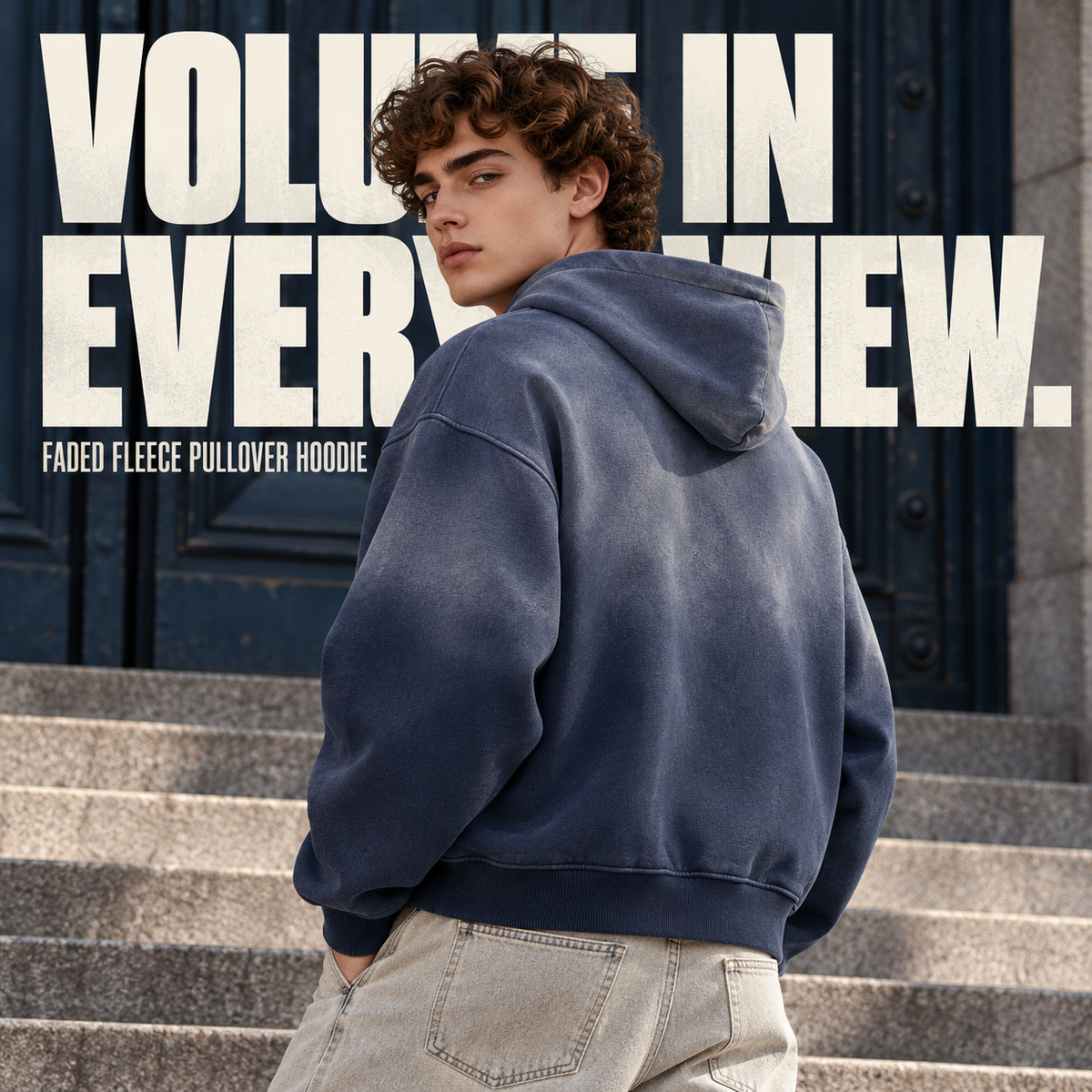 A75362 Royal Blue spray-faded fleece pullover hoodie, rear or three-quarter styling view