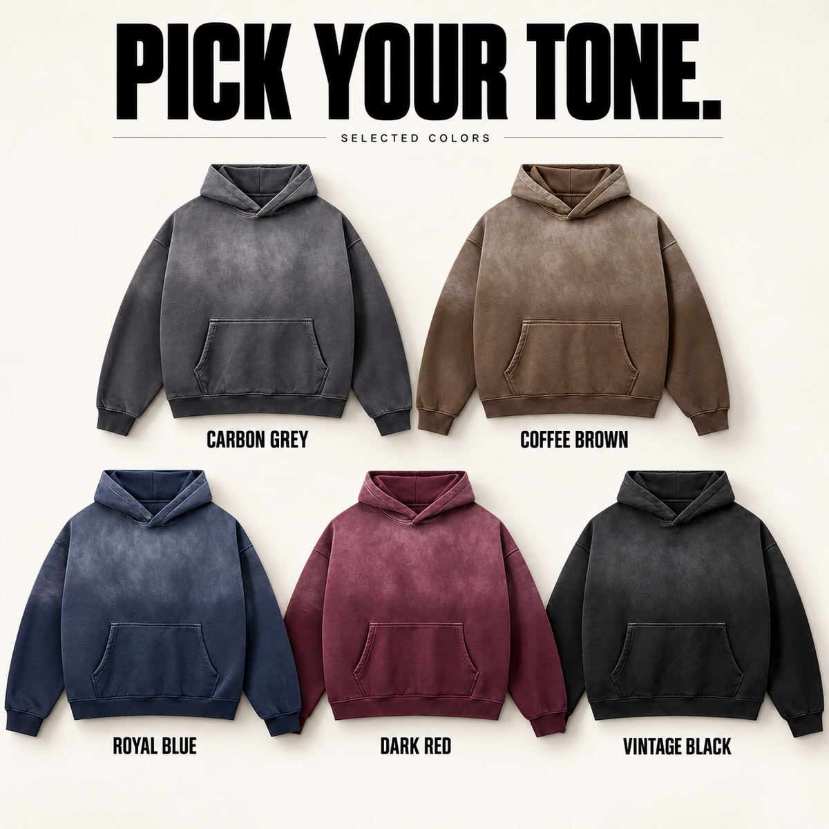 A75362 complete ready-stock color selection board showing Carbon Grey, Coffee Brown, Royal Blue, Dark Red, Vintage Black