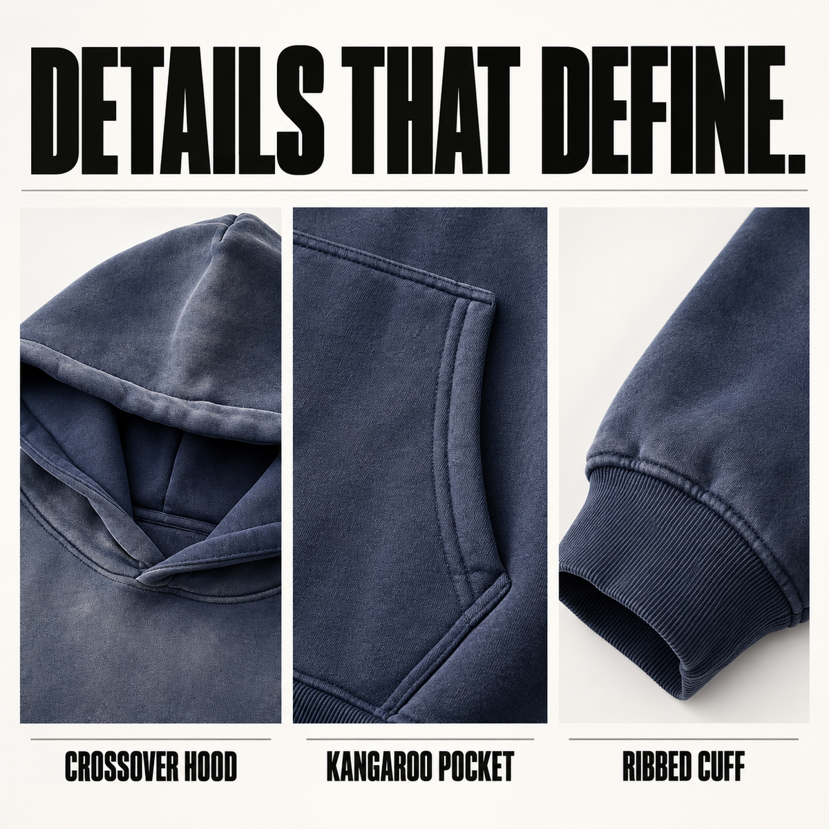 A75362 spray-faded fleece pullover hoodie, close-up construction details