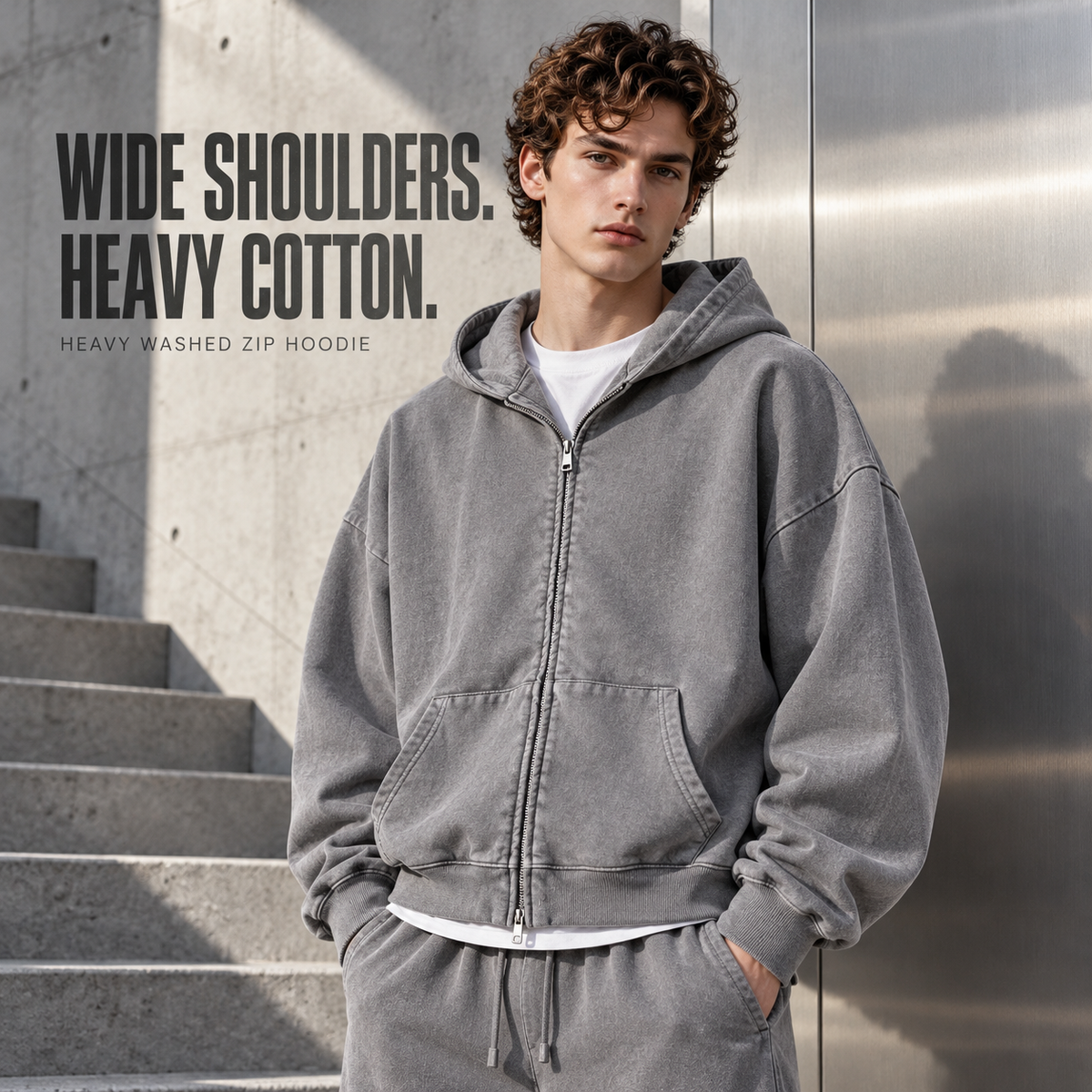 A75552 Medium Grey heavy washed cotton two-way zip hoodie, front styling view
