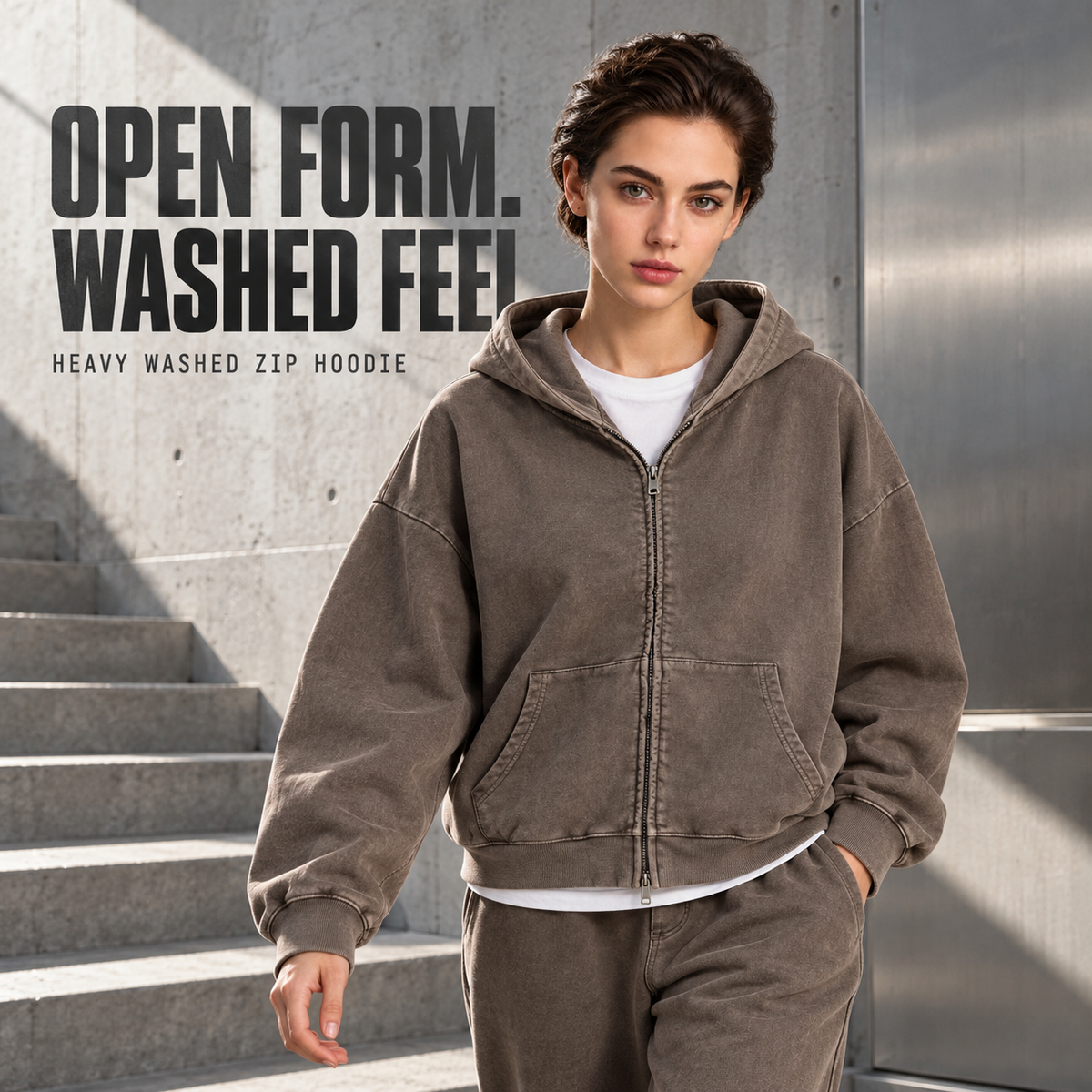 A75552 Coffee heavy washed cotton two-way zip hoodie, alternate styling view