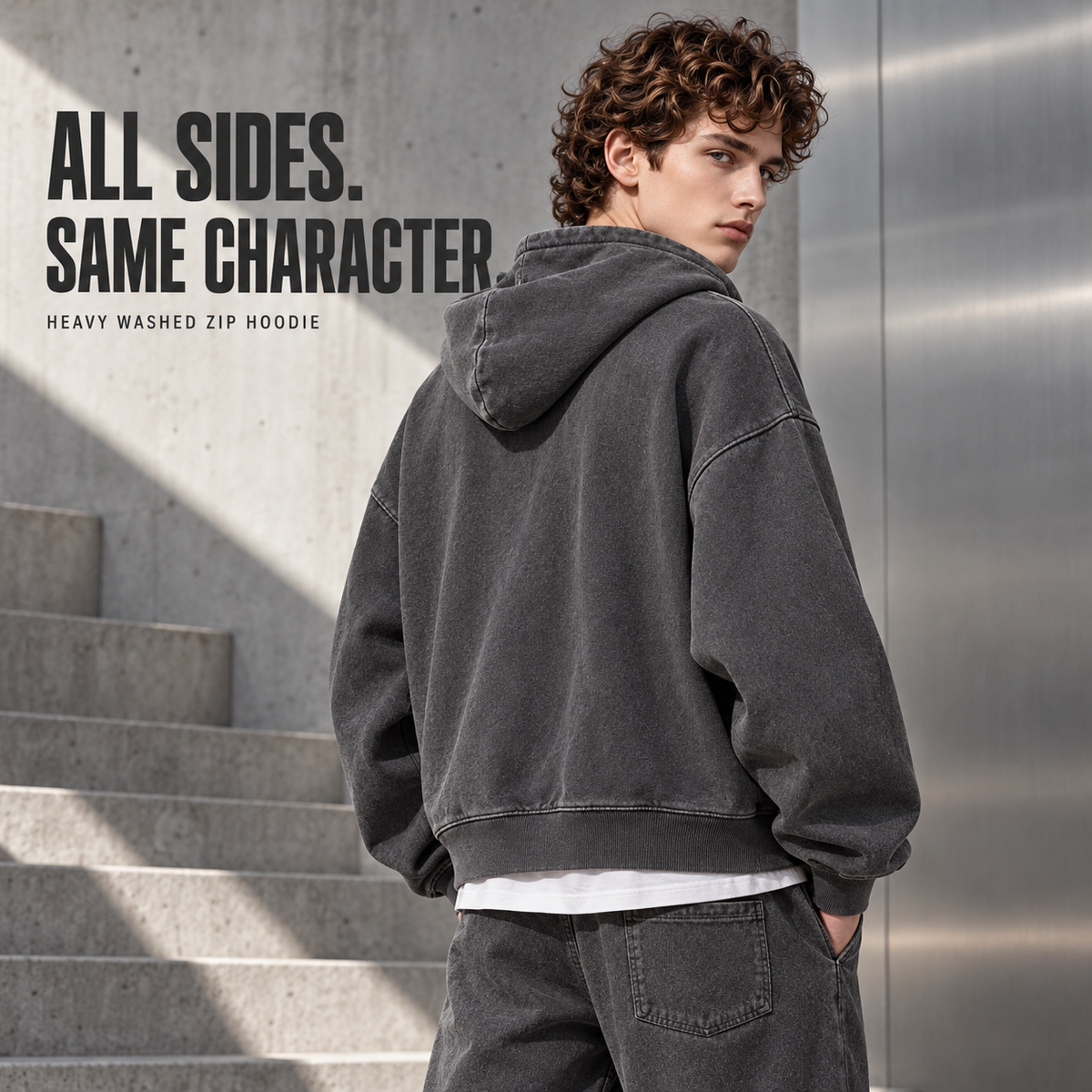 A75552 Dark Grey heavy washed cotton two-way zip hoodie, rear or three-quarter styling view