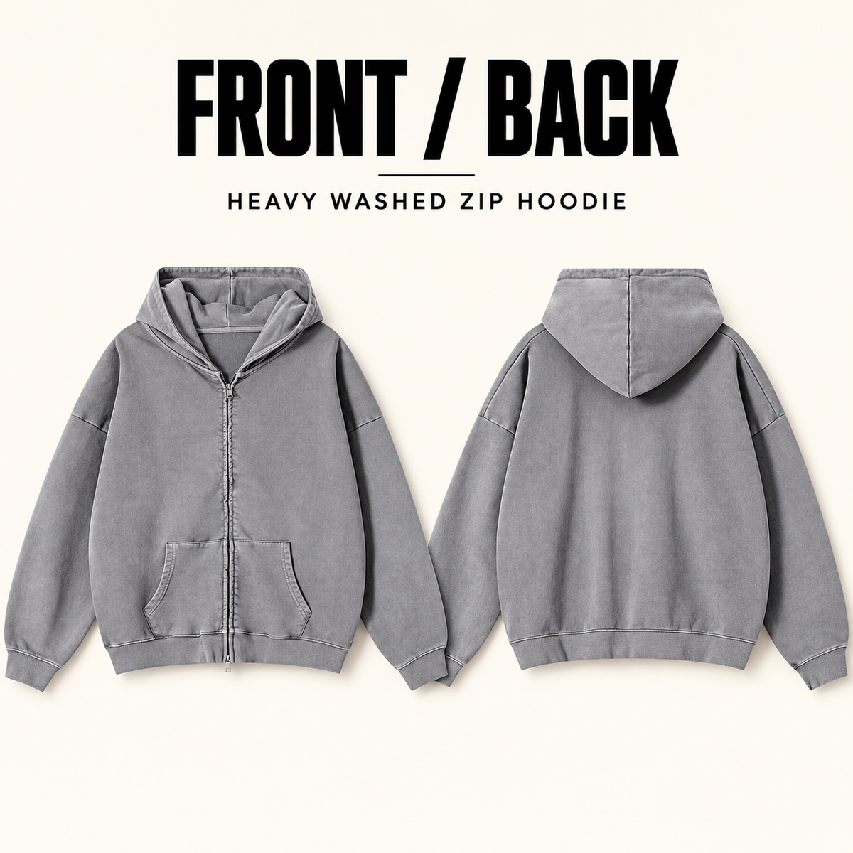 A75552 heavy washed cotton two-way zip hoodie, front and back garment construction