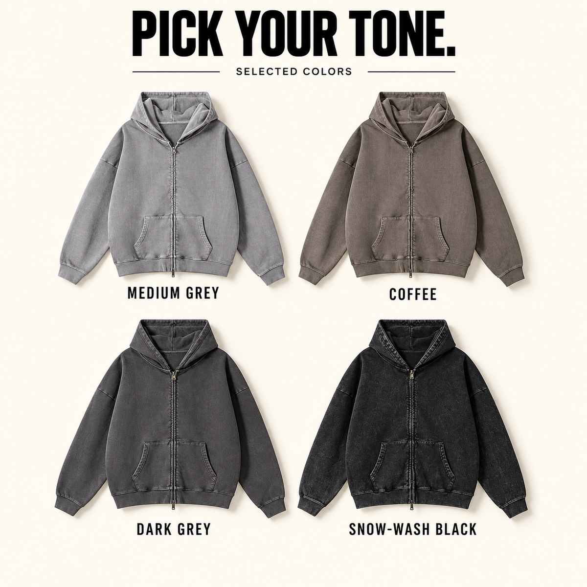 A75552 heavy washed cotton two-way zip hoodie, ready-stock color selection