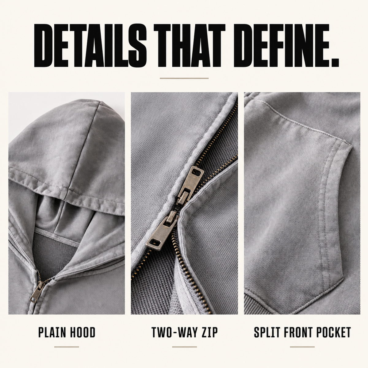 A75552 heavy washed cotton two-way zip hoodie, close-up construction details