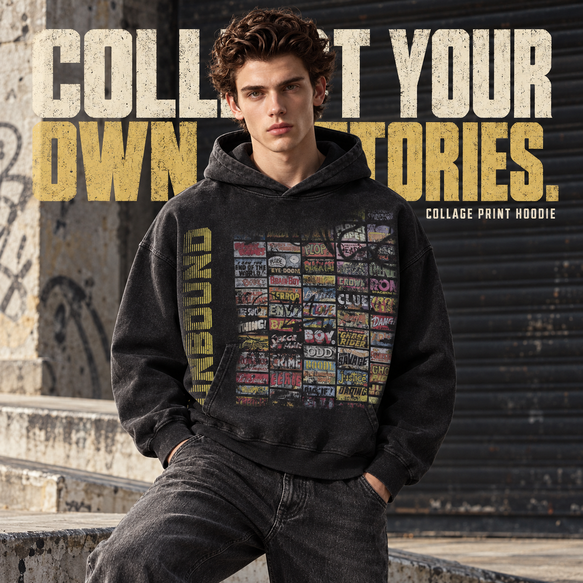 A7568 Snow Wash Black vintage collage print washed cotton hoodie, front styling view