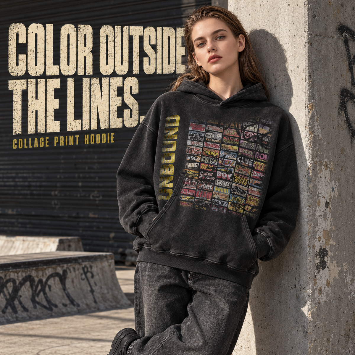 A7568 Snow Wash Black vintage collage print washed cotton hoodie, alternate styling view