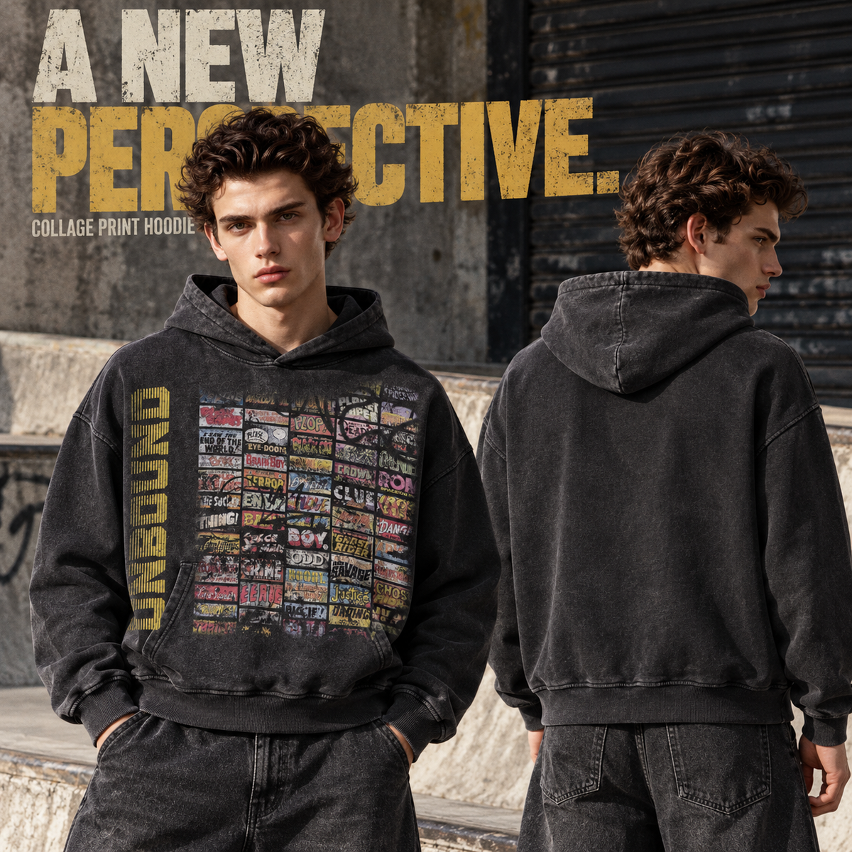 A7568 Snow Wash Black vintage collage print washed cotton hoodie, rear or three-quarter styling view