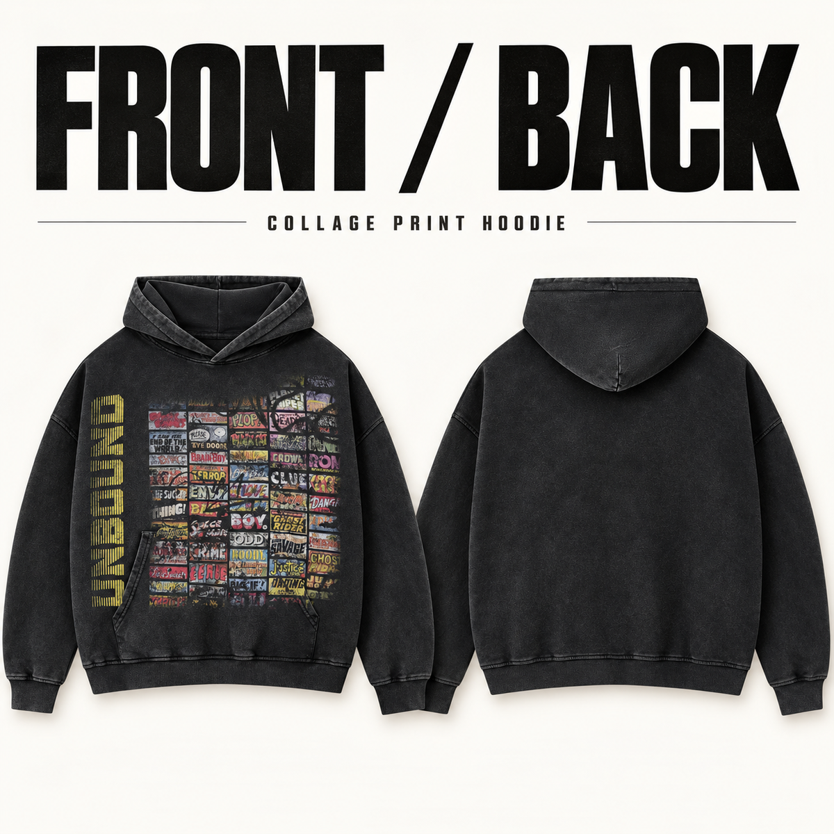 A7568 vintage collage print washed cotton hoodie, front and back garment construction