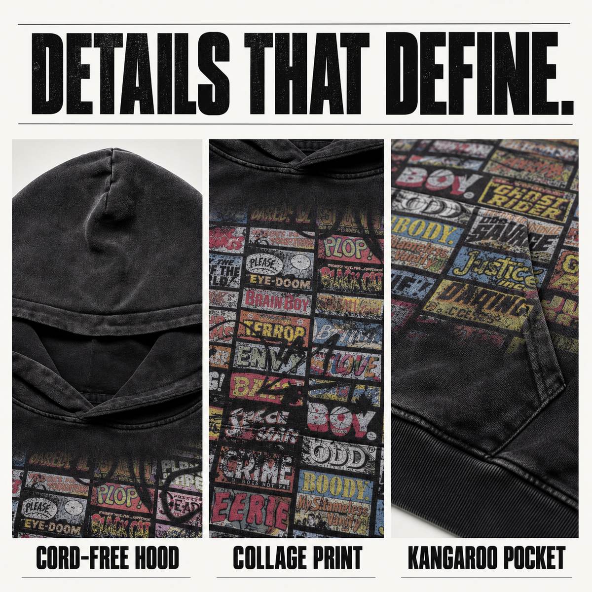 A7568 vintage collage print washed cotton hoodie, close-up construction details