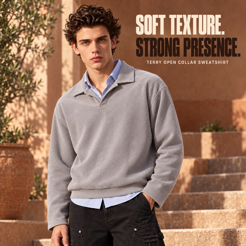 Washed Terry Open-Collar Sweatshirt
