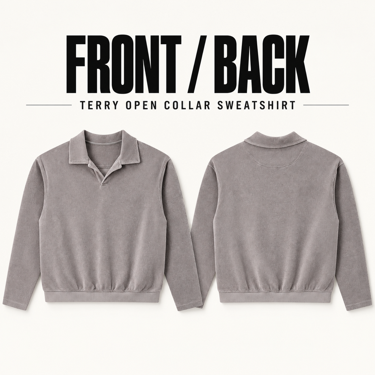 A80362 washed terry open-collar sweatshirt, front and back garment construction