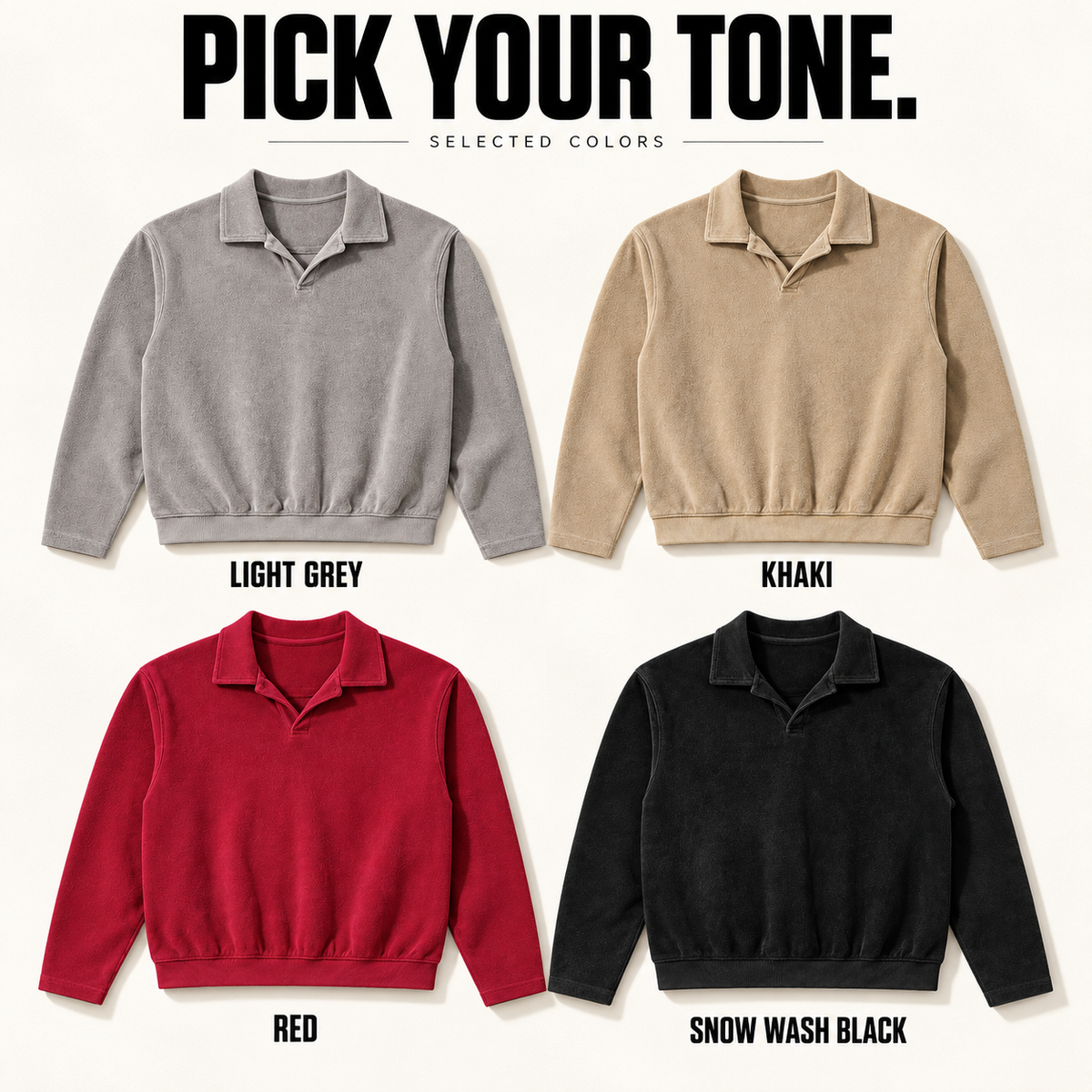 A80362 complete ready-stock color selection board showing Light Grey, Khaki, Red, Snow Wash Black