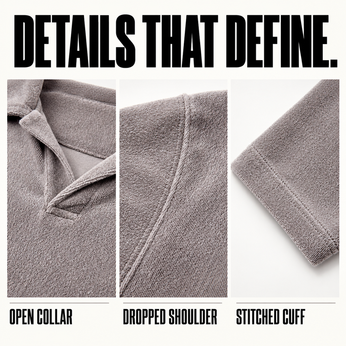 A80362 washed terry open-collar sweatshirt, close-up construction details