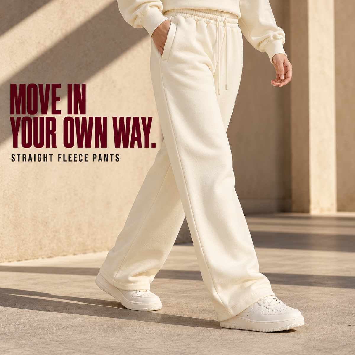 A8042 Cream relaxed straight-leg fleece sweatpants, alternate styling view