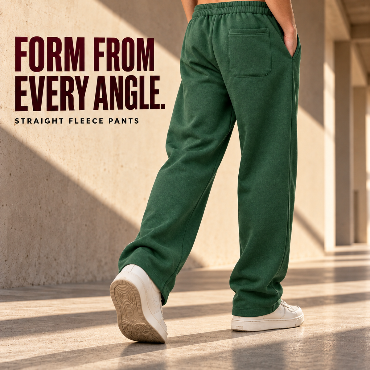 A8042 Forest Green relaxed straight-leg fleece sweatpants, rear or three-quarter styling view
