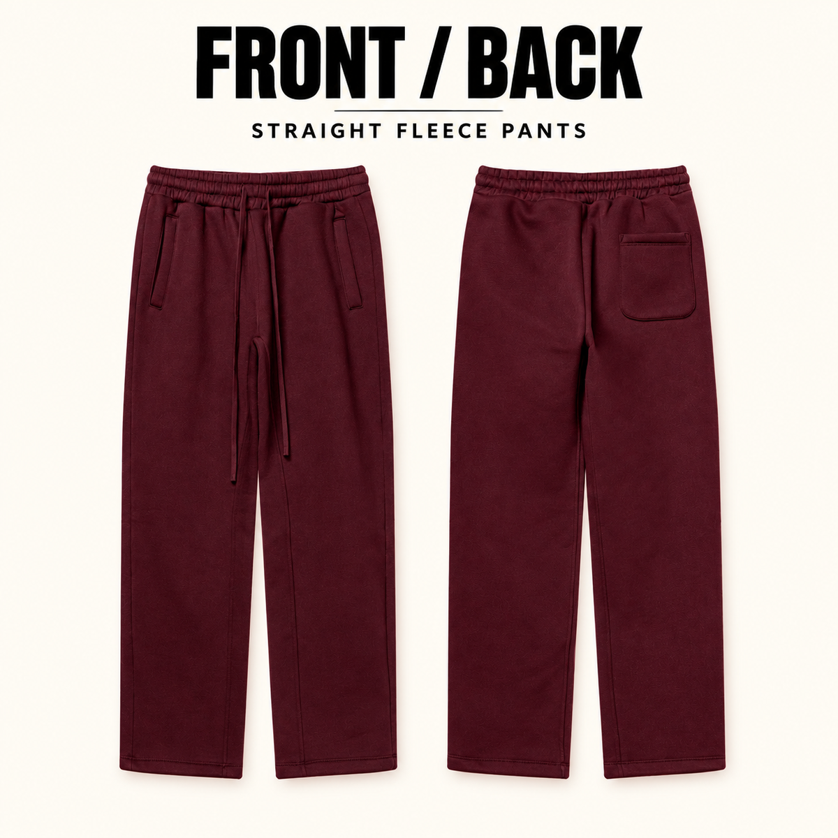 A8042 relaxed straight-leg fleece sweatpants, front and back garment construction