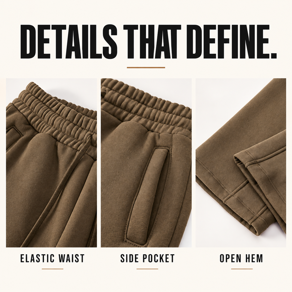 A8042 relaxed straight-leg fleece sweatpants, close-up construction details