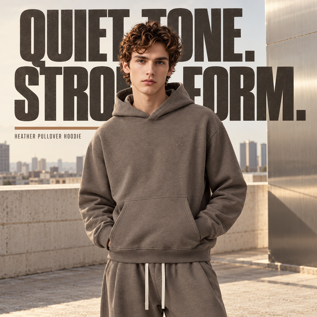A8068 Taupe Brown embroidered heather pullover hoodie, front styling view