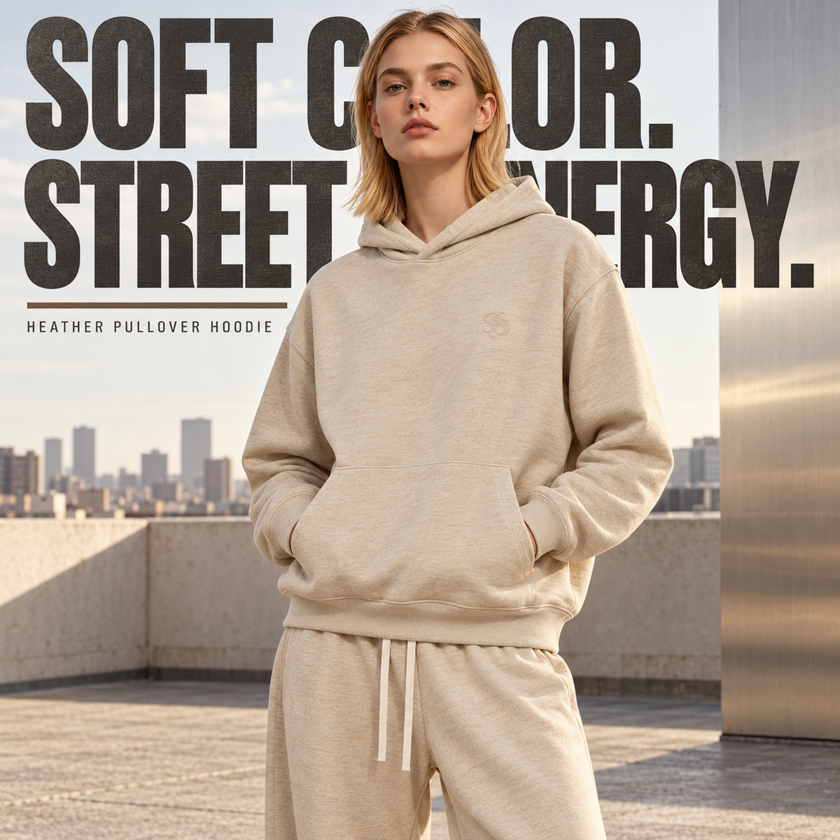 A8068 Haze Gold embroidered heather pullover hoodie, alternate styling view