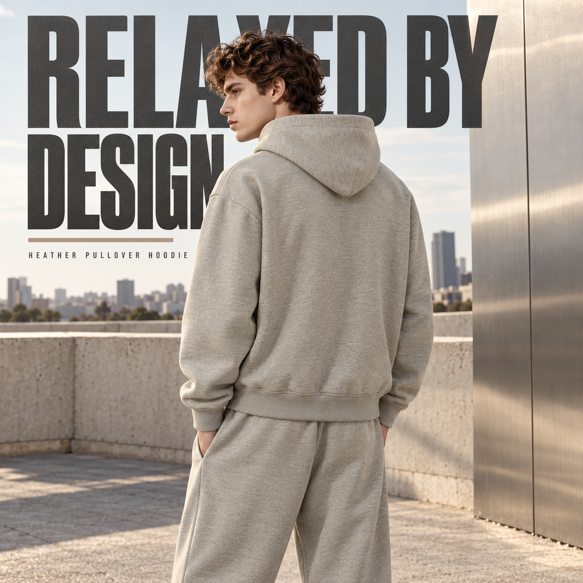 A8068 Oat Grey embroidered heather pullover hoodie, rear or three-quarter styling view