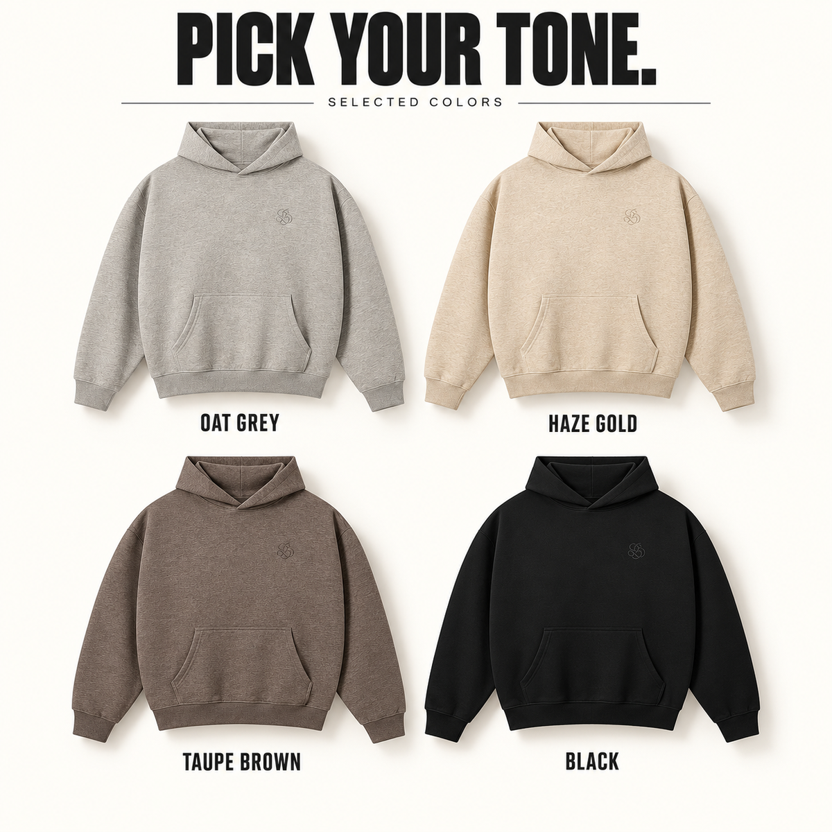 A8068 complete ready-stock color selection board showing Oat Grey, Haze Gold, Taupe Brown, Black