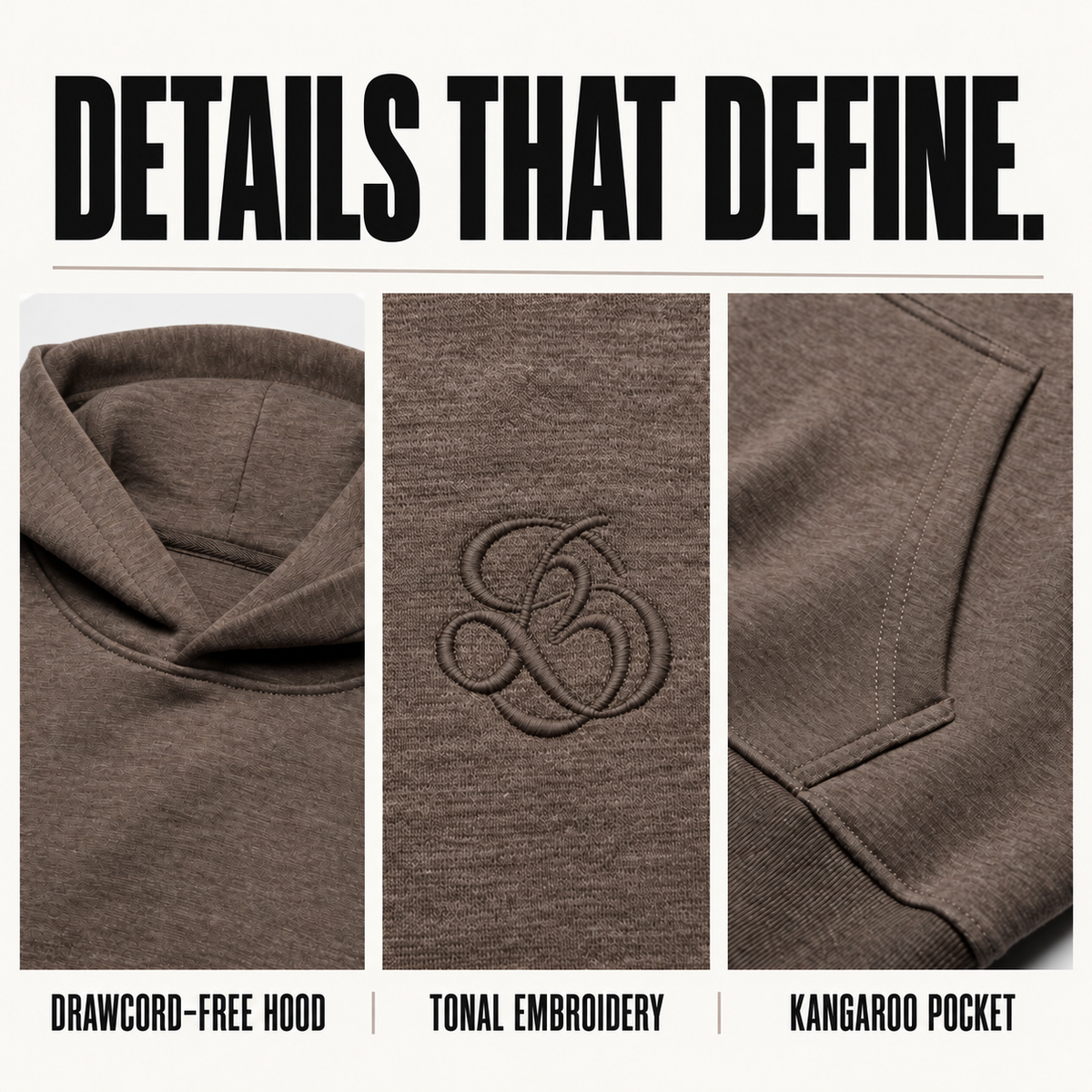 A8068 embroidered heather pullover hoodie, close-up construction details