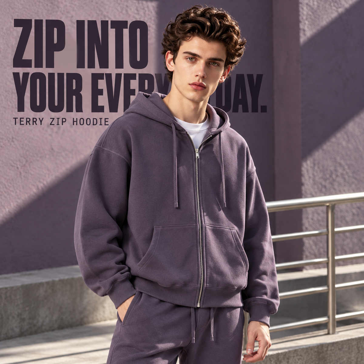 A81142 Plum Purple coverstitch terry full-zip hoodie, front styling view