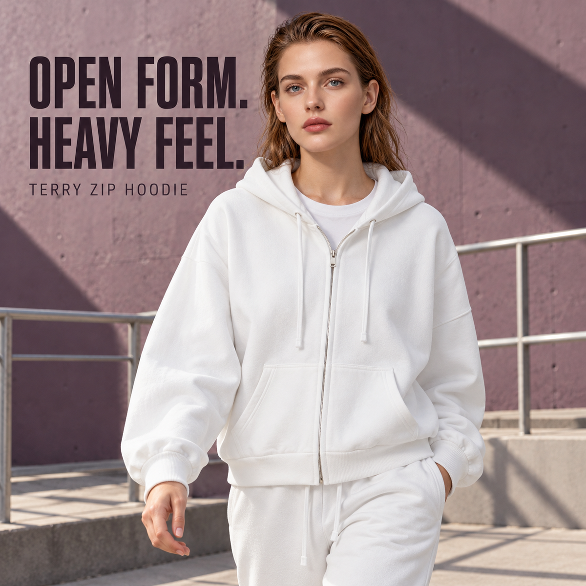 A81142 White coverstitch terry full-zip hoodie, alternate styling view