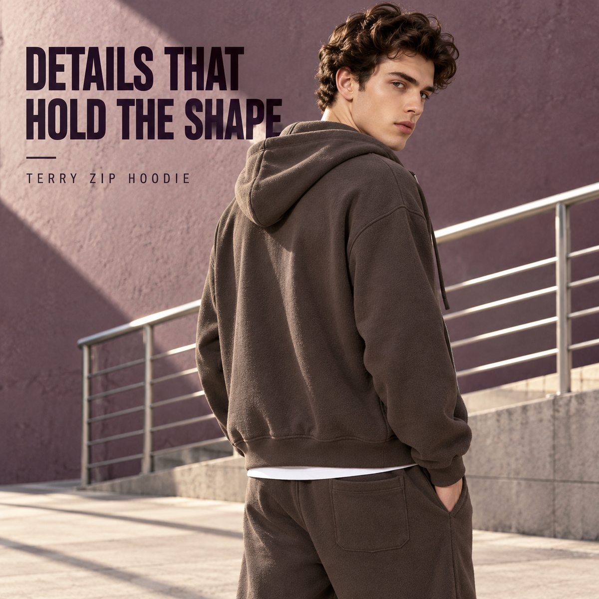 A81142 Brown coverstitch terry full-zip hoodie, rear or three-quarter styling view