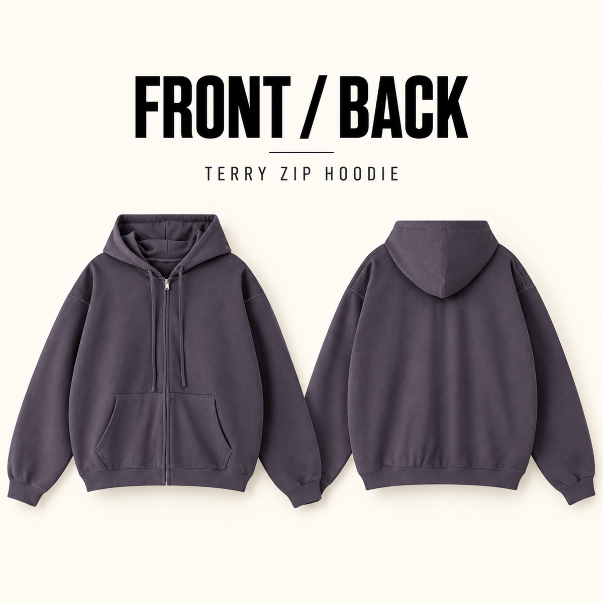 A81142 coverstitch terry full-zip hoodie, front and back garment construction