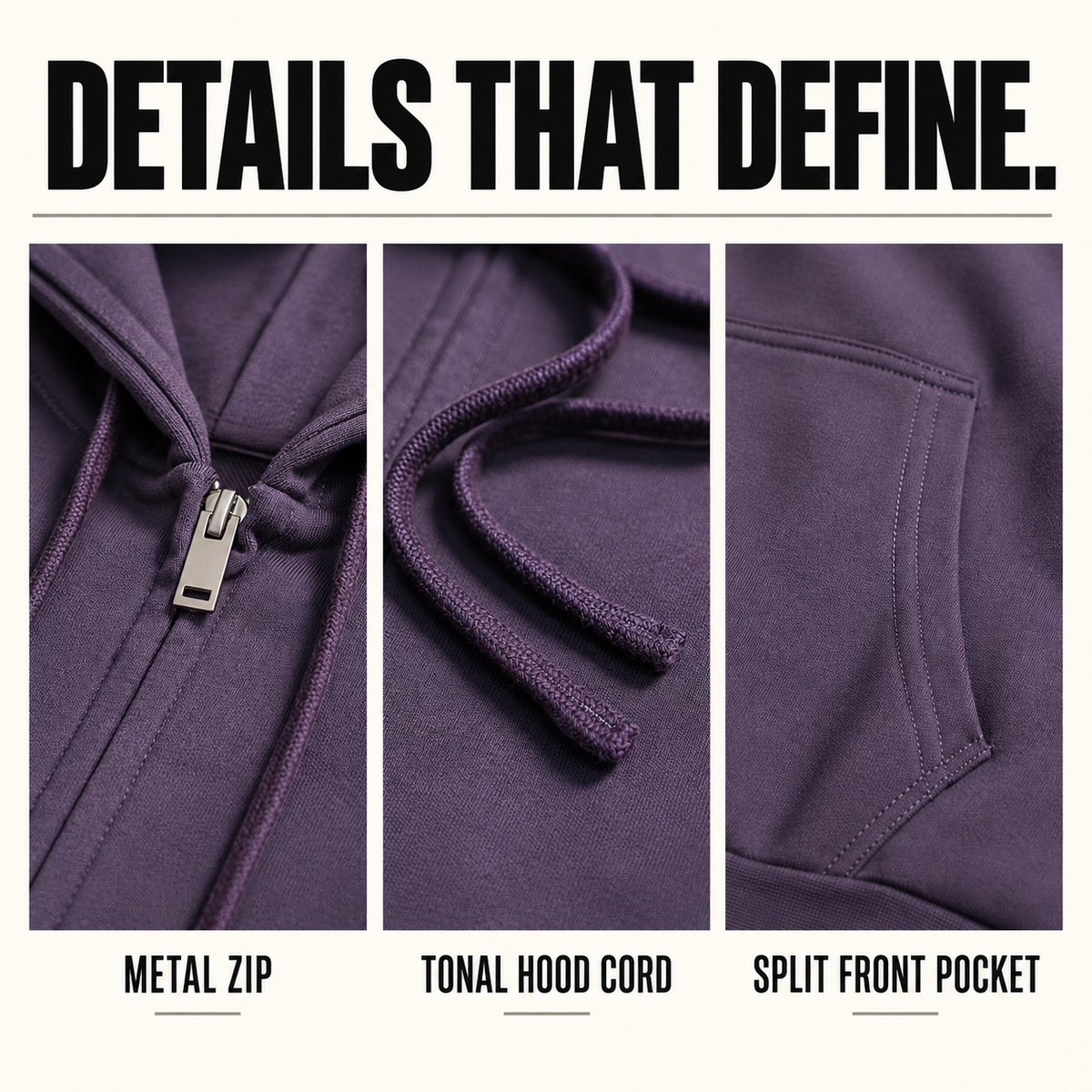 A81142 coverstitch terry full-zip hoodie, close-up construction details