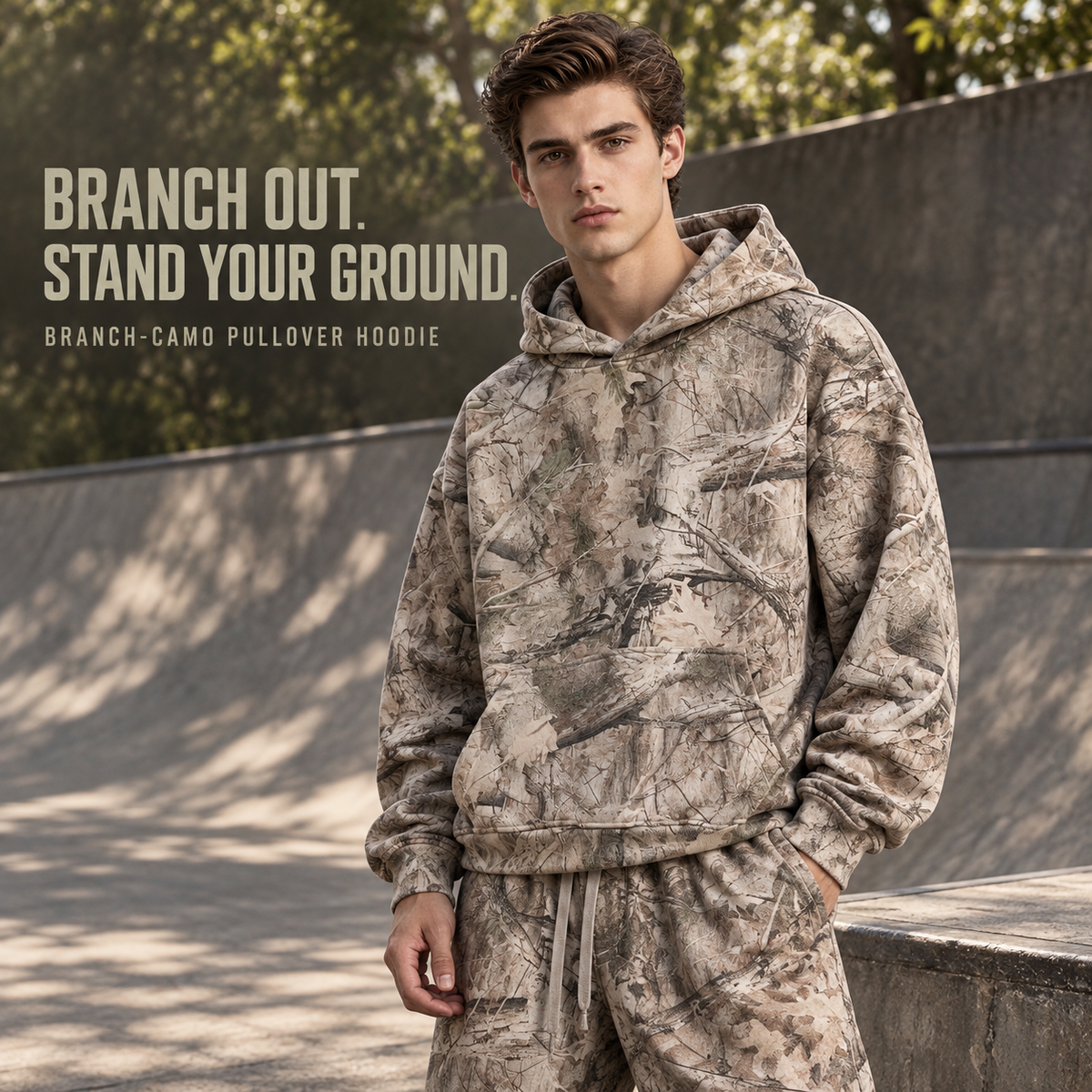 A81552 Branch Camo branch camo fleece pullover hoodie, front styling view