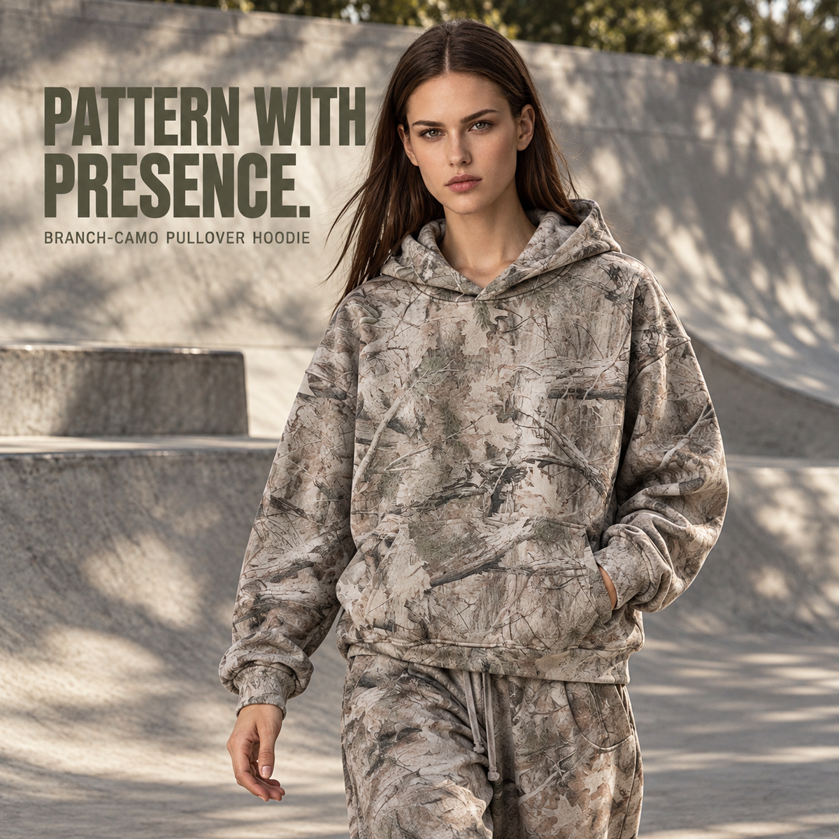 A81552 Branch Camo branch camo fleece pullover hoodie, alternate styling view
