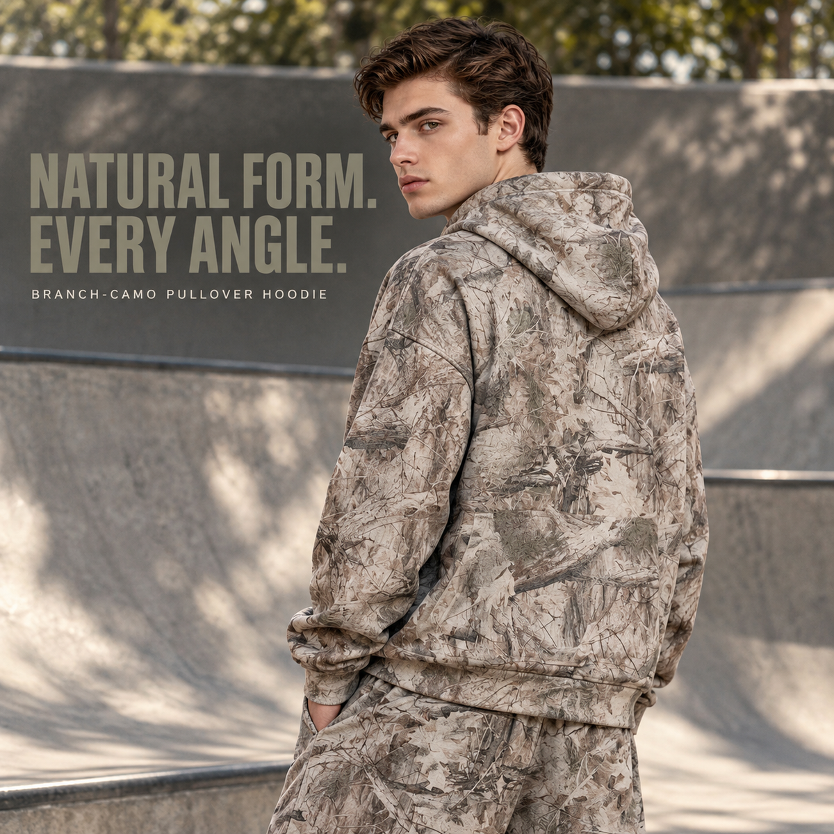 A81552 Branch Camo branch camo fleece pullover hoodie, rear or three-quarter styling view