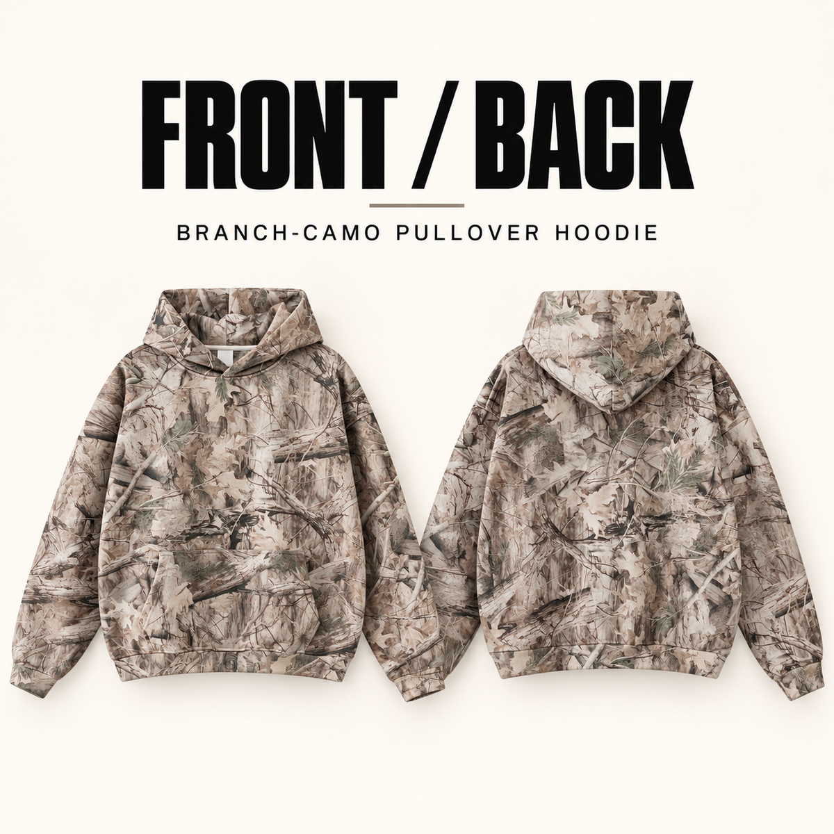A81552 branch camo fleece pullover hoodie, front and back garment construction
