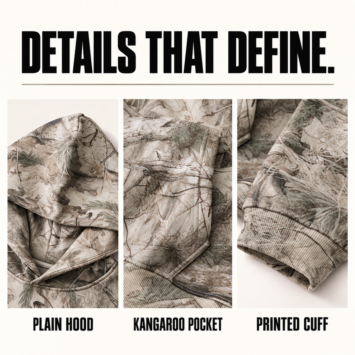 A81552 branch camo fleece pullover hoodie, close-up construction details