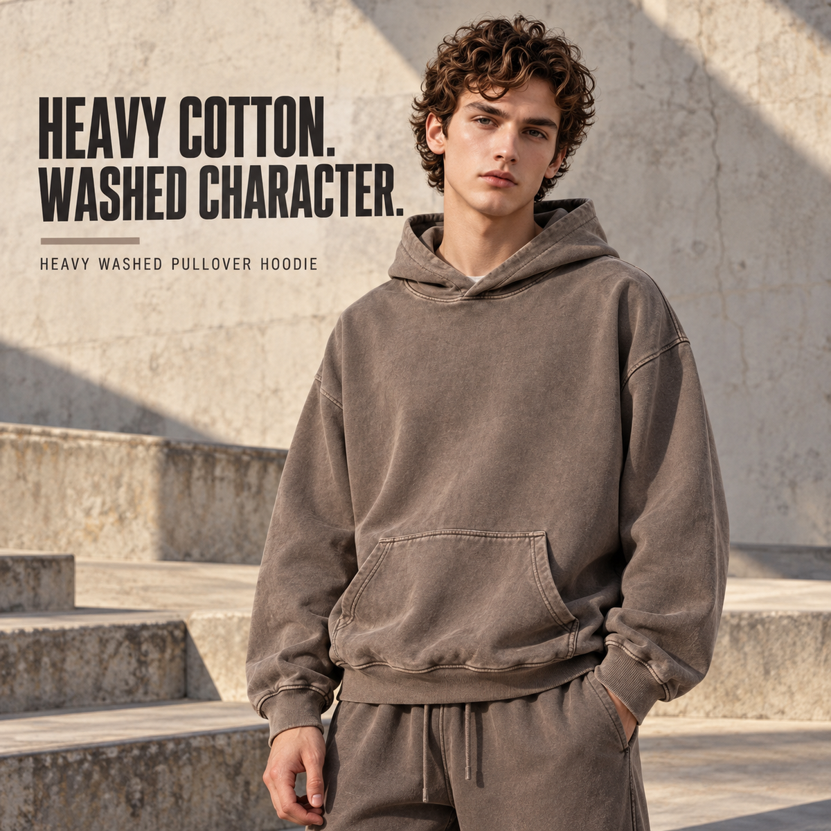 A83552 Coffee heavy washed cotton pullover hoodie, front styling view