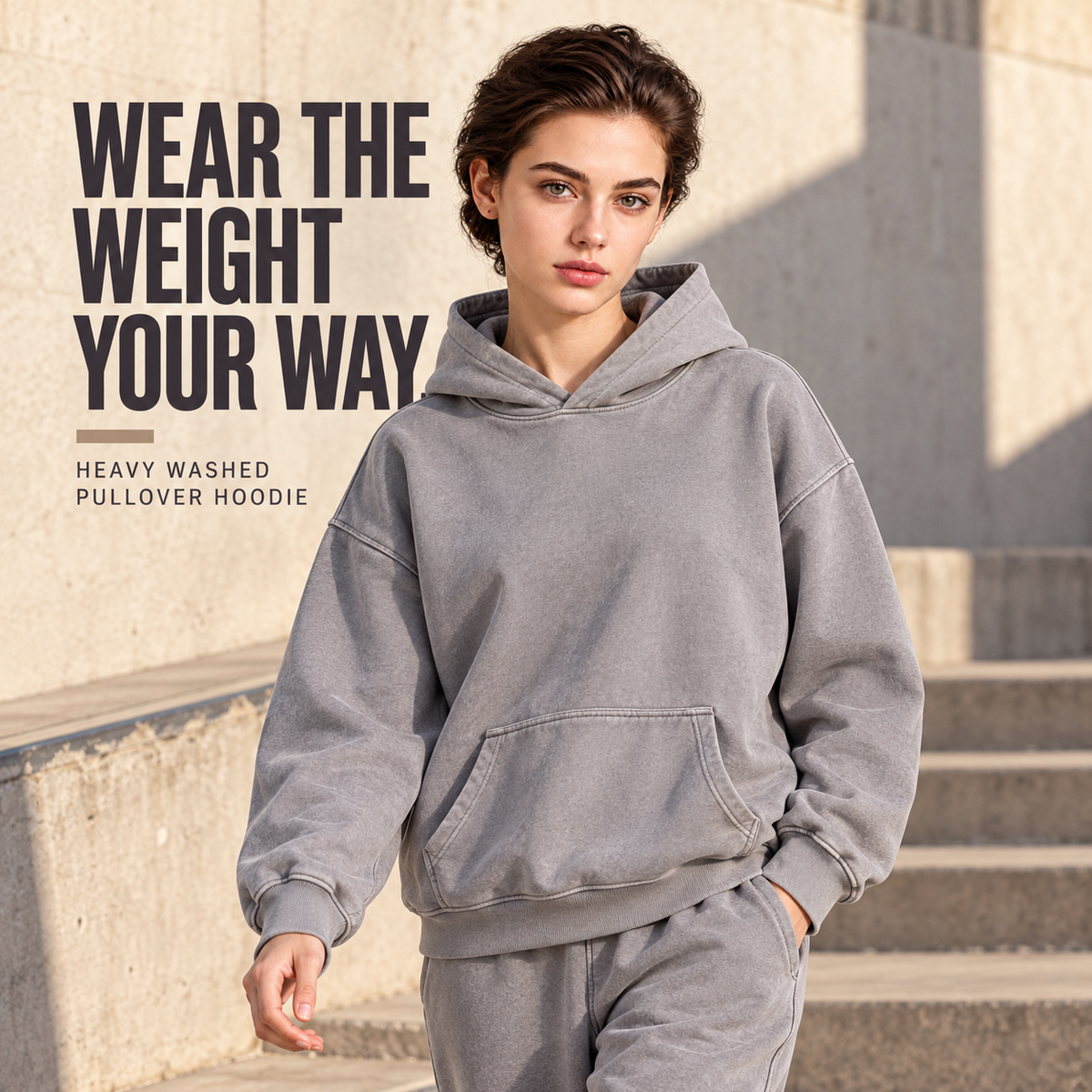 A83552 Medium Grey heavy washed cotton pullover hoodie, alternate styling view