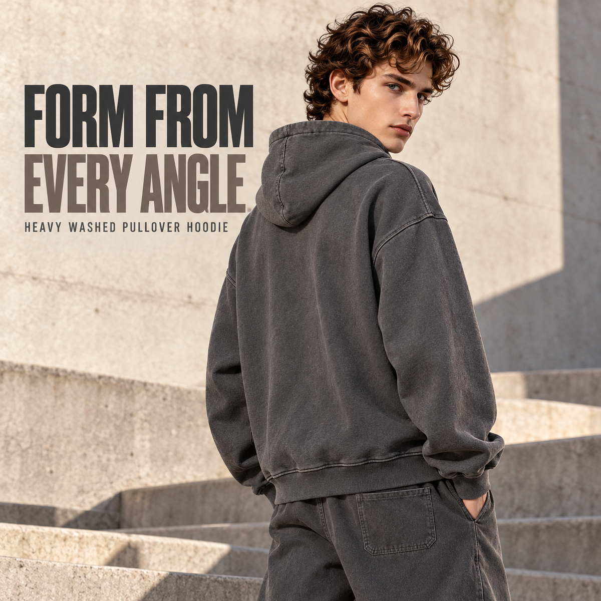 A83552 Dark Grey heavy washed cotton pullover hoodie, rear or three-quarter styling view