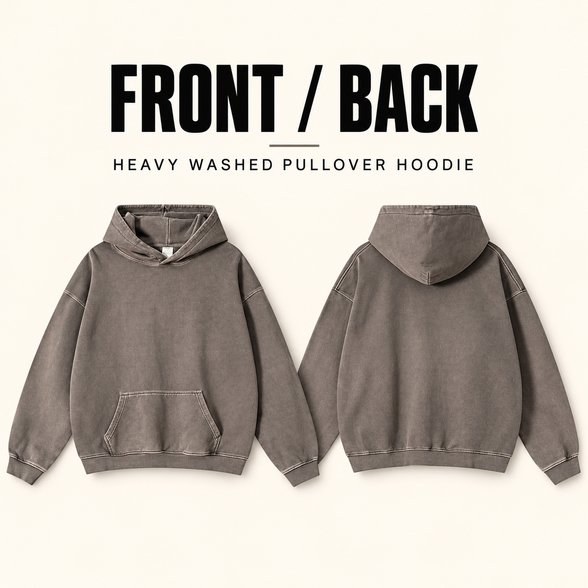A83552 heavy washed cotton pullover hoodie, front and back garment construction
