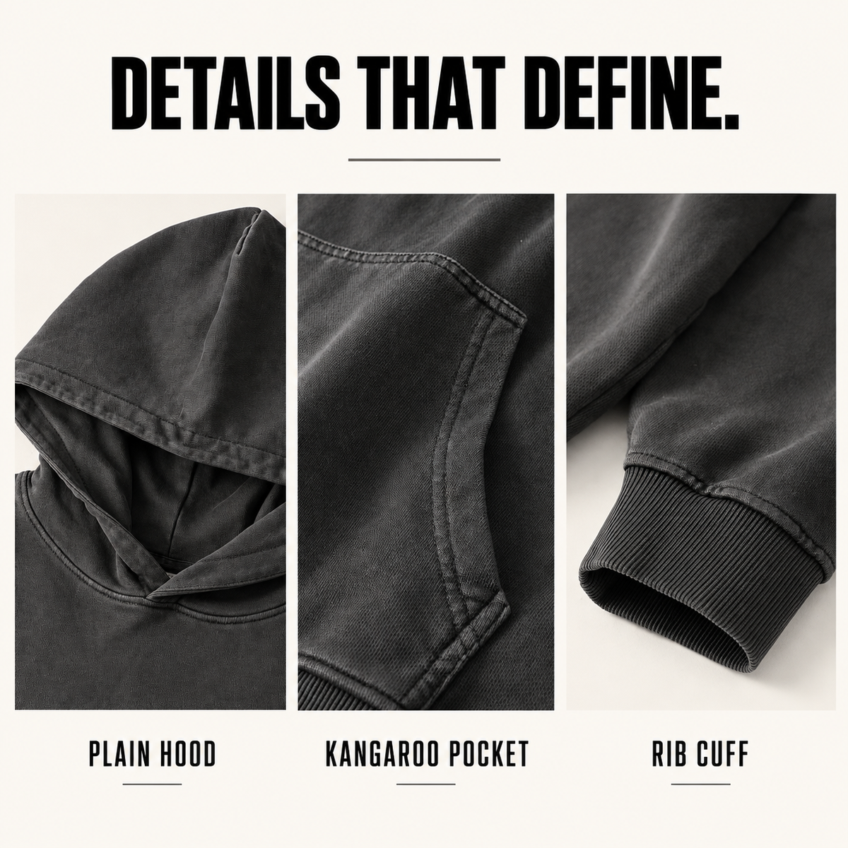 A83552 heavy washed cotton pullover hoodie, close-up construction details