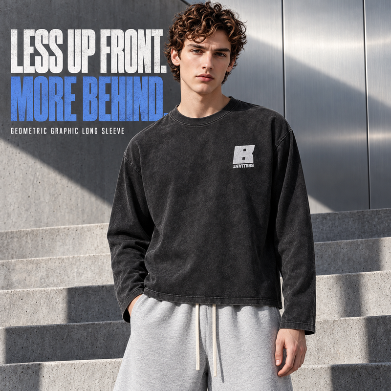 Geometric Letter Washed Cotton Long Sleeve T-Shirt