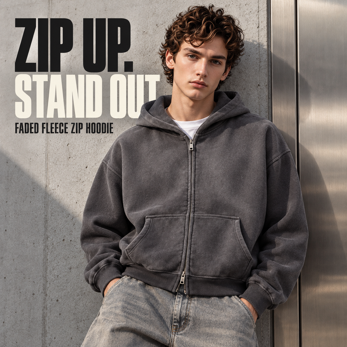 A85362 Carbon Grey spray-faded fleece two-way zip hoodie, front styling view