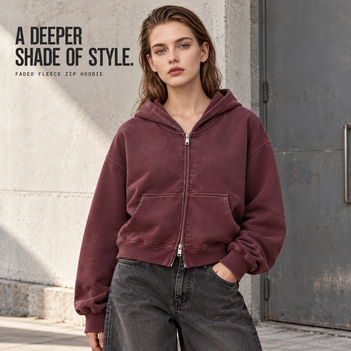 A85362 Dark Red spray-faded fleece two-way zip hoodie, alternate styling view