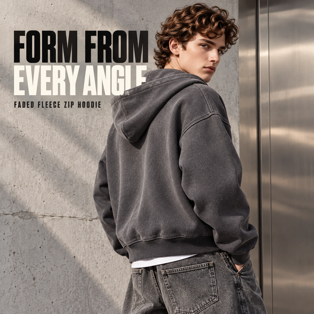 A85362 Carbon Grey spray-faded fleece two-way zip hoodie, rear or three-quarter styling view